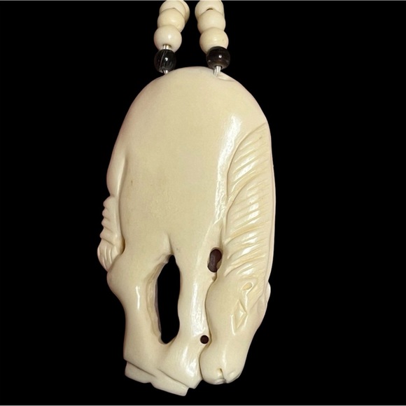 Vintage Carved Bone Crouching Horse Pendant Necklace